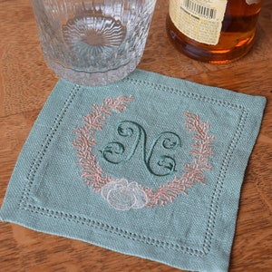 Set of 4 Embroidered Linen Cocktail Napkins, Hemstitched with coral and shell design, Embroidered with One initial; Bar cart; Hostess Gift