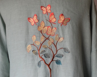 Veste en lin non structurée brodée, décontractée, ample, design papillon, surveste légère, tenue d'hôtesse, veste garden party