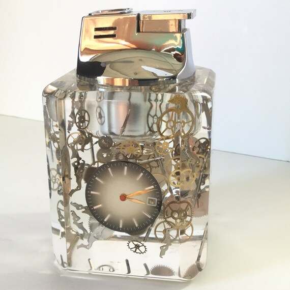 Lucite Table Lighter Vintage Lighter With Floating Watch Faces Etsy