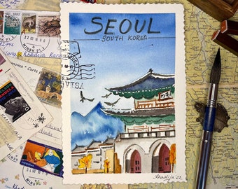 Seoul Landscape Painting, Korean Original Watercolor Art, Small artwork gift