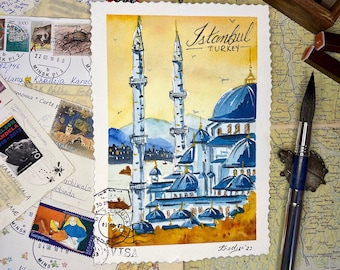 Istanbul City Landscape Painting, Original Watercolor Art, Small artwork gift, Islamic wall decor