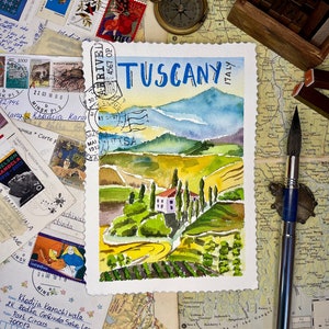 Tuscany Landscape Painting, Original Watercolor Art, Small artwork gift