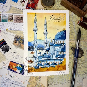 Istanbul City Landscape Painting, Original Watercolor Art, Small artwork gift, Islamic wall decor