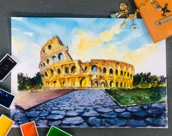 Rome, Italy Colosseum,Original Ink and Watercolour Painting,Travel Souvenir Artwork