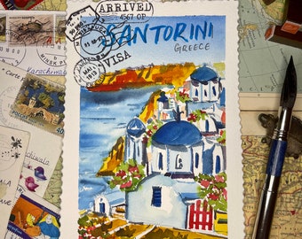 Greece Santorini Landscape Painting, Original Watercolor Art, Small artwork gift