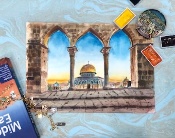 Golden Dome,Jerusalem,Ink and Watercolour Original Painting,Travel Souvenir Artwork