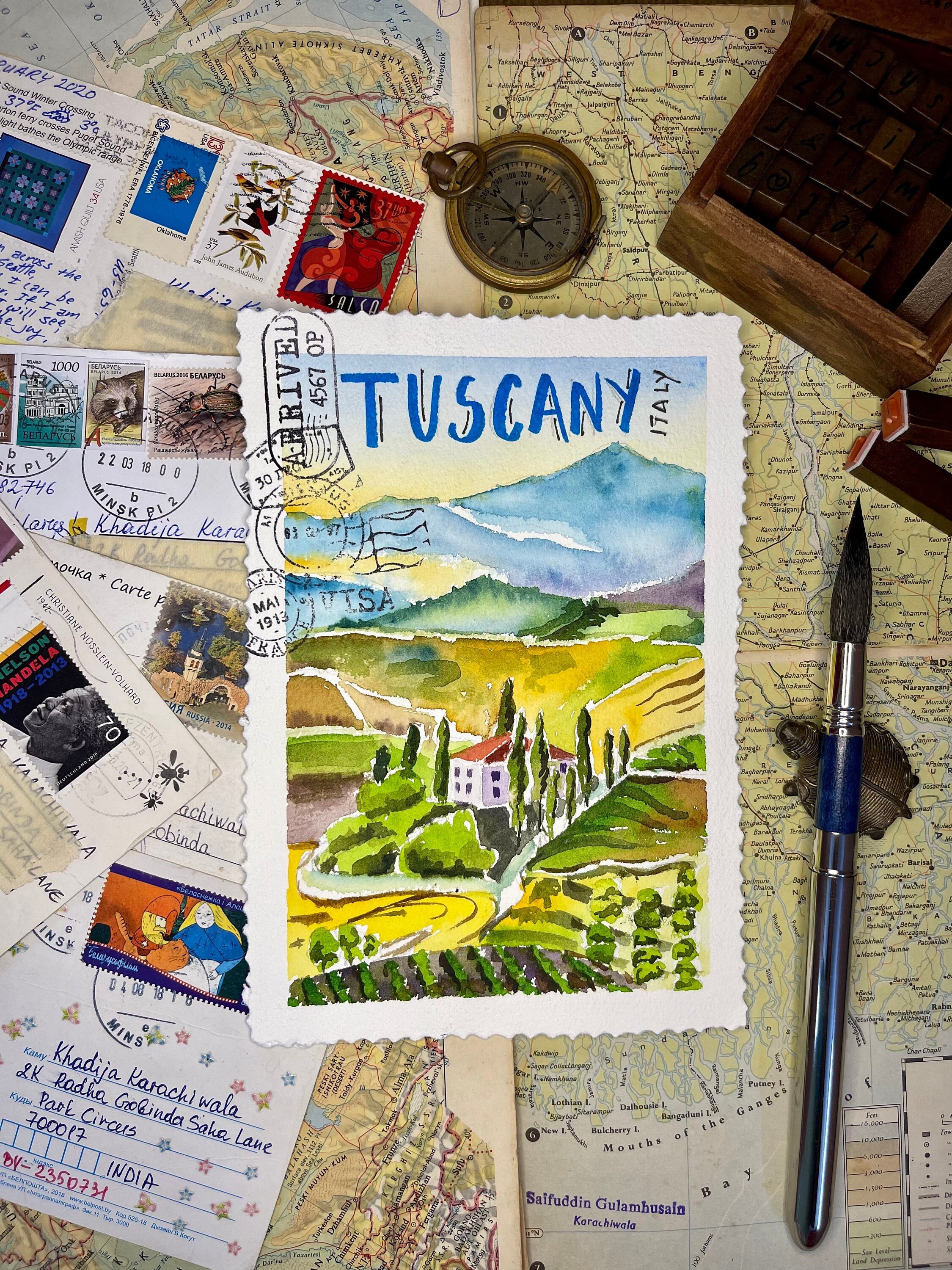 Tuscany Landscape Painting, Original Watercolor Art, Small artwork gift