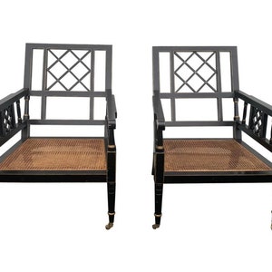 Pair of Vintage Regency Style Ebonized Lounge Chairs With Cane Seating
