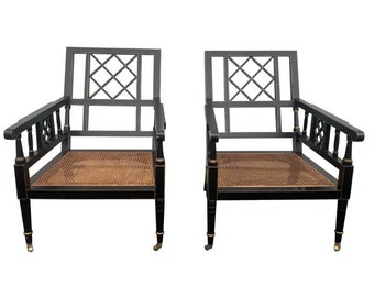 Pair of Vintage Regency Style Ebonized Lounge Chairs With Cane Seating