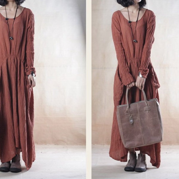 3 color linen dress maxi dress long sleeve dress tunic dress large size dress casual loose dress long dress plus size dress