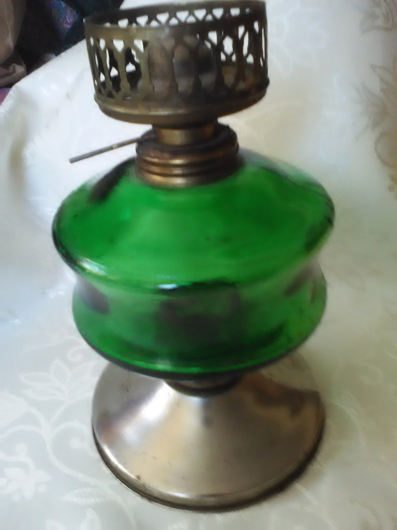 Emerald Green Glass Oil Lamp With Metal Base Vintage Etsy