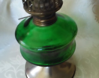 Emerald Green Glass Oil Lamp With Metal Base Vintage