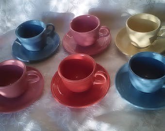 Set of 6 Fiesta Ware Original Contemporary Cups and Saucers Excellent Condition Rose PInk, Lapis Blue, Sunflower Yellow, Tangerine Orange