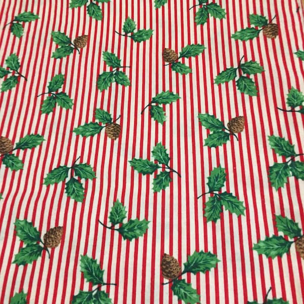 Vintage Christmas Holly And Pinecones Striped Fabric Traditions 1992