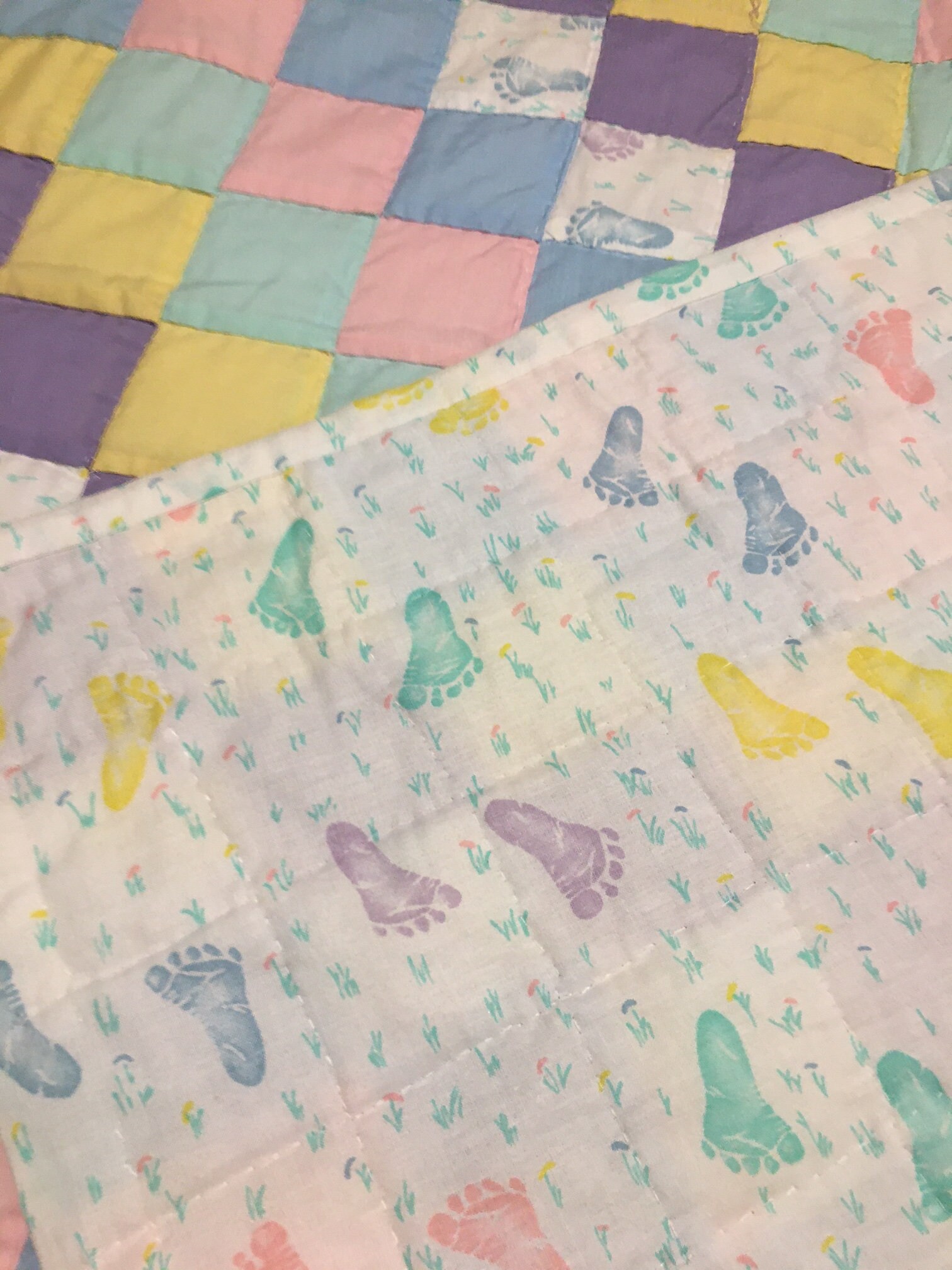 Footprints Quilt Small Size Boy or Girl Hand Pieced Hand Quilted New