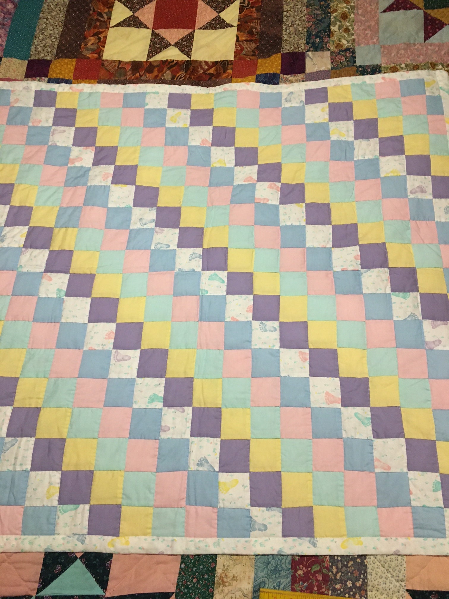 Footprints Quilt Small Size Boy or Girl Hand Pieced Hand Quilted New