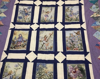 Handmade Fairy Quilt: Vintage Floral Fairies, Ready to Quilt (49x73)