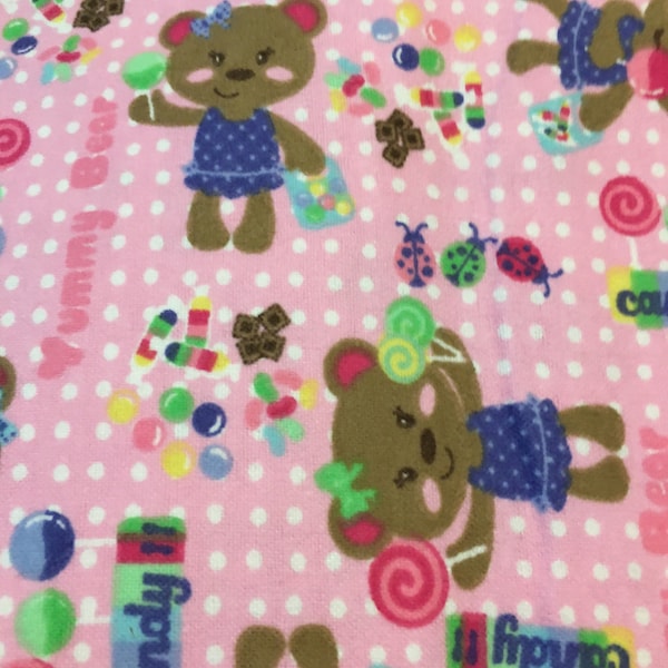 Flannel Fabric "Yummy Bear" Childrens Print Pink Bears 1 Yard Piece Uncut Patchwork Clothing Crafts