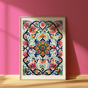 May include: A rectangular framed wall art piece featuring a symmetrical floral pattern with watercolor-style illustrations of red, orange, and yellow flowers intertwined with dark blue, teal, and green leafy vines on a cream-colored background.