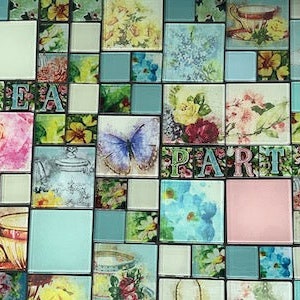 Azulejo de vidrio con letras de la serie Tea Party - Mosaicos de 2,5 cm para manualidades, bricolaje, vidrio cerámico colorido