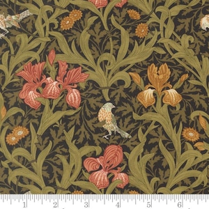May include: Fabric with a repeating pattern of stylized irises, birds, and foliage in shades of orange, green, and brown. The design features detailed floral and avian elements against a dark background, creating a vintage aesthetic.