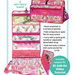 May include: A pink travel organizer and hot tools sleeve with a flamingo and floral pattern. The organizer has multiple pockets and a detachable strap. The image includes text that says "Travel Essentials 2.0".