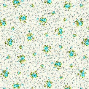 May include: A seamless pattern featuring small blue floral bouquets on a white background with a subtle blue polka dot pattern.