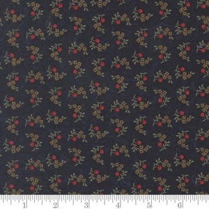 May include: Dark navy fabric with a repeating pattern of small red berries and golden-yellow flowers on green stems. The fabric has a slightly textured appearance, suitable for quilting or crafting projects.