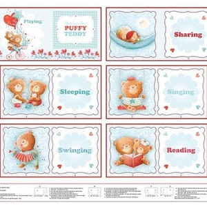May include: A blue and white fabric panel with illustrations of teddy bears. The panel is divided into 10 squares, each with a different activity, such as playing, sleeping, sharing, singing, swinging, and reading. The text "The Adventures of Puffy Teddy" is featured in the top center square.