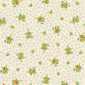 May include: A repeating pattern of small yellow and orange roses with green leaves on a cream background. The background is dotted with small, evenly spaced red dots. The floral design is a classic, vintage style.