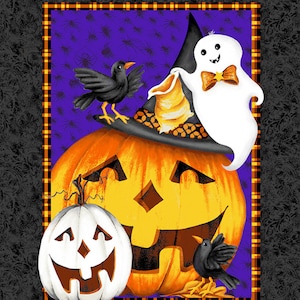 May include: A purple and black Halloween fabric with a patchwork design featuring a jack-o'-lantern wearing a witch's hat, a ghost, and crows. The fabric also includes a smaller jack-o'-lantern, an owl, and candles.