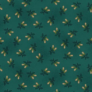 May include: Teal fabric with a repeating pattern of small, stylized branches with light brown buds. The branches are outlined in black.
