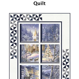 May include: A quilt pattern titled "Winter Window Quilt" featuring a winter landscape scene. The quilt design includes a window frame with six panels depicting snowy scenes with trees, buildings, and deer. The quilt has a white border with blue and gray geometric corner designs.