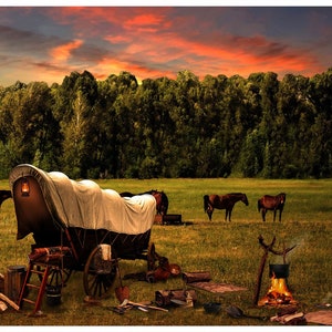 Sun Up To Sun Down Covered Wagon Digital Print S4833-151 from Hoffman by the panel