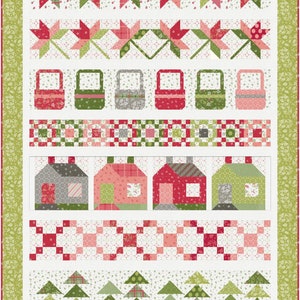 May include: A quilt pattern featuring a variety of holiday-themed designs, including stars, houses, trees, and baskets. The quilt is made with a white background and features red, green, and pink fabrics.