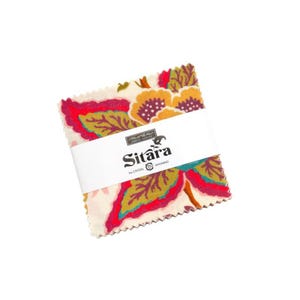 May include: A square stack of fabric squares with pinked edges, featuring a floral pattern in shades of cream, yellow, magenta, and teal. A white paper band wraps around the center, printed with the text Moda Fabrics Sitara by Crystal Manning.