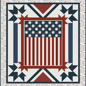 May include: A patriotic quilt featuring the American flag design. The quilt showcases a central panel with stars and stripes, framed by red and blue accents, star shapes, and a patterned border. The color palette includes red, white, and blue.