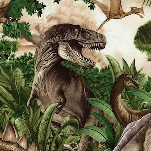 May include: A digital illustration of a jungle scene with three dinosaurs. A large Tyrannosaurus Rex stands in the center of the image, with a smaller dinosaur to the right and a flying Pterodactyl in the upper right corner. The dinosaurs are surrounded by lush green foliage.