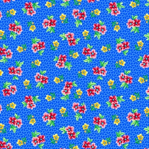 May include: A seamless pattern featuring small red and pink flowers with green leaves on a bright blue background. The flowers are arranged in a repeating pattern and are surrounded by a delicate white lattice.