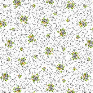 May include: A white background with a repeating pattern of small black dots and gray, yellow, and green floral bouquets.