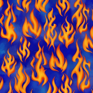 May include: A seamless pattern featuring orange flames on a blue background. The flames are stylized and have a watercolor effect.