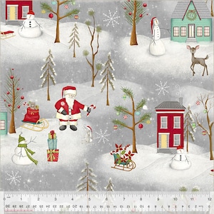 May include: A gray and white Christmas fabric featuring a winter scene with Santa Claus, snowmen, houses, trees, and a deer. The fabric has a white background with a subtle sparkle effect.