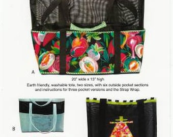 May include: A tote bag pattern with the text "Tote It Screen Play". The main tote is black mesh with a green gingham trim and a colorful floral pocket. The pattern includes two sizes: 20" wide x 13" high and 24" wide x 18" high.