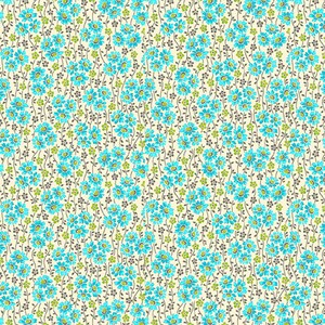 May include: A repeating pattern of small, turquoise blue flowers with yellow centers and green leaves on thin, dark stems. The background is a light beige color, creating a vintage floral design.