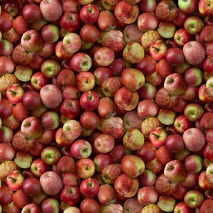 May include: A close-up image of a large pile of red apples. The apples are arranged in a random pattern, with some overlapping. The apples are all a similar shade of red, with some having a slight green tint.