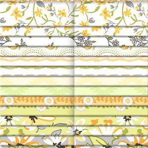 May include: Patch of Sunshine by Jennifer Ellory, a fabric collection featuring 40 2.5-inch fabric squares with floral patterns in shades of yellow, green, and gray. Wilmington Prints.