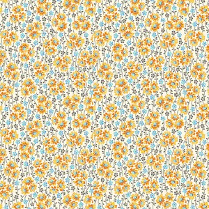 May include: A seamless pattern featuring a repeating design of small yellow and blue flowers on a white background. The flowers are arranged in vertical rows, creating a delicate and feminine aesthetic.