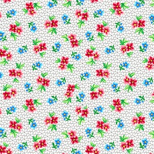 May include: A white background with a repeating pattern of pink and red flowers with green leaves and small blue flowers. The background has a subtle gray grid pattern.