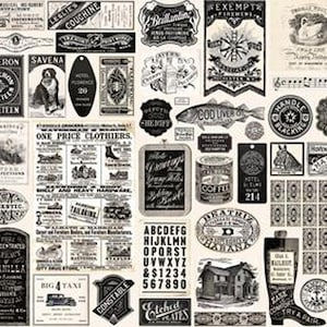 May include: A black and white vintage style digital paper pack with various labels, stamps, and designs. The paper pack includes a variety of designs, including floral patterns, geometric shapes, and text.