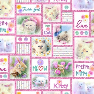 May include: A pink and white fabric with a repeating pattern of kittens, flowers, and text. The text includes "Purr-fect", "Meow", "Pretty Kitty", "Love", and "Kitty".